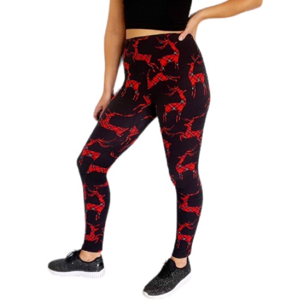 Leggings Depot black red plaid Christmas reindeer print leggings one size
